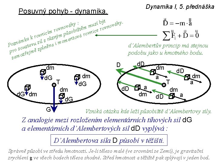 Dynamika I, 5. přednáška Posuvný pohyb - dynamika. ýt b y. : í h