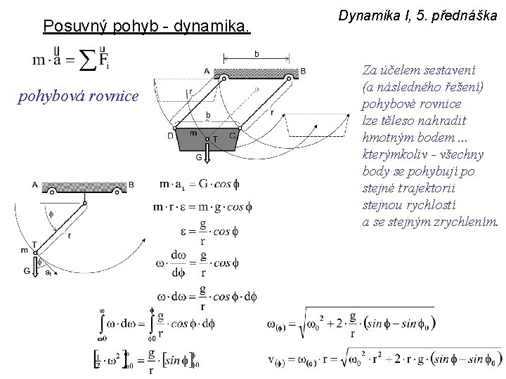 Posuvný pohyb - dynamika. pohybová rovnice Dynamika I, 5. přednáška Za účelem sestavení (a