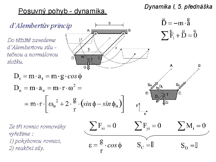 Posuvný pohyb - dynamika. d’Alembertův princip Do těžiště zavedeme d’Alembertovu sílu tečnou a normálovou