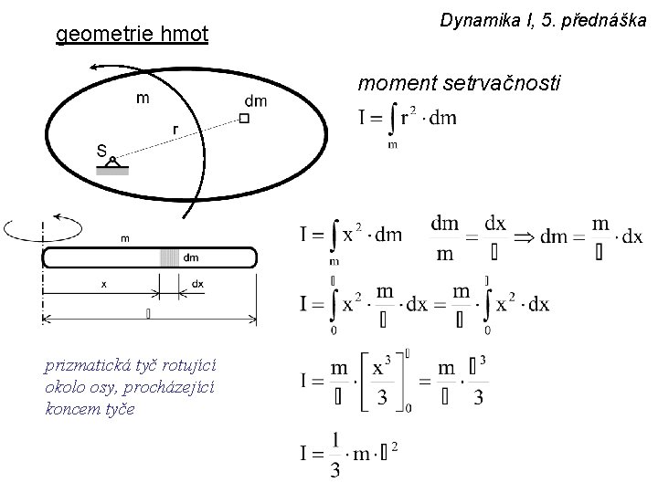 geometrie hmot Dynamika I, 5. přednáška moment setrvačnosti prizmatická tyč rotující okolo osy, procházející