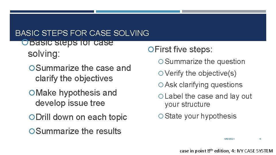BASIC STEPS FOR CASE SOLVING Basic steps for case solving: Summarize the case and