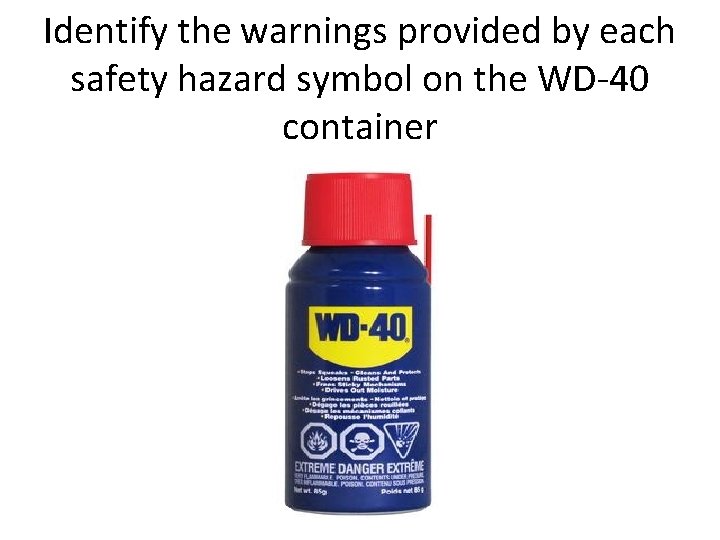 Identify the warnings provided by each safety hazard symbol on the WD-40 container 