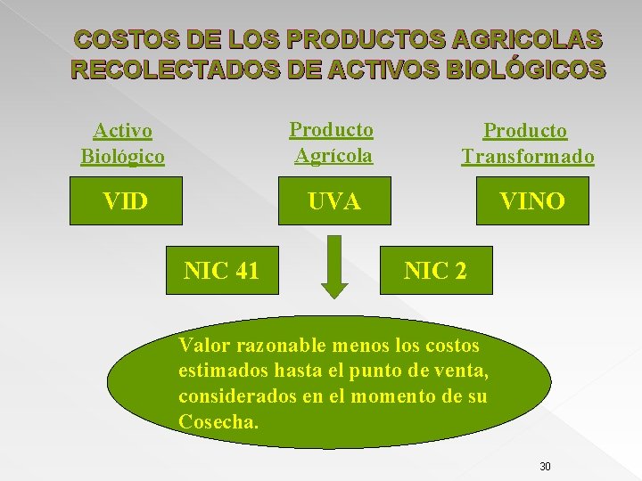 COSTOS DE LOS PRODUCTOS AGRICOLAS RECOLECTADOS DE ACTIVOS BIOLÓGICOS Activo Biológico Producto Agrícola Producto