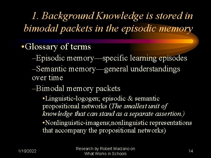 1. Background Knowledge is stored in bimodal packets in the episodic memory • Glossary