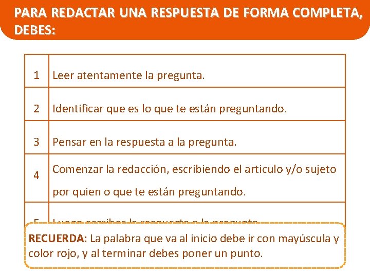 PARA REDACTAR UNA RESPUESTA DE FORMA COMPLETA, DEBES: 1 Leer atentamente la pregunta. 2