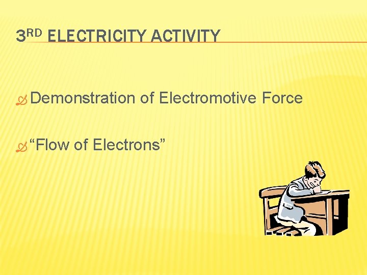 3 RD ELECTRICITY ACTIVITY Demonstration “Flow of Electromotive Force of Electrons” 