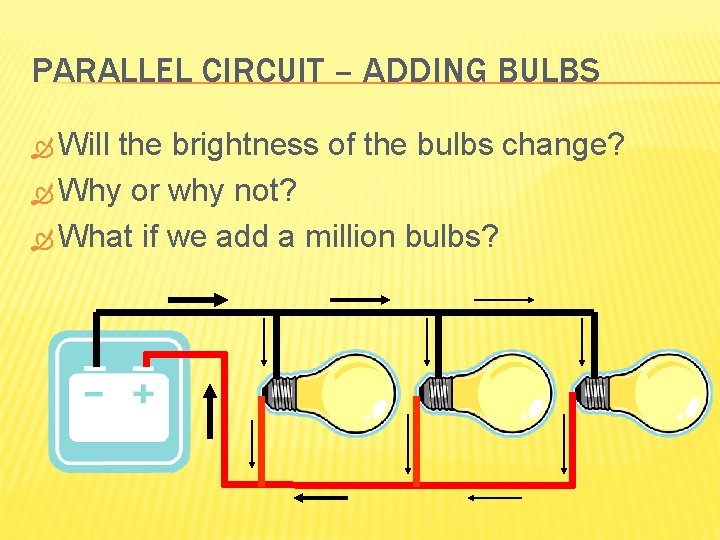 PARALLEL CIRCUIT – ADDING BULBS Will the brightness of the bulbs change? Why or