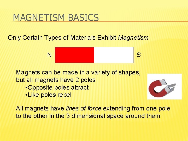 MAGNETISM BASICS Only Certain Types of Materials Exhibit Magnetism N S Magnets can be