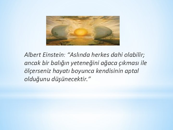 Albert Einstein: “Aslında herkes dahi olabilir; ancak bir balığın yeteneğini ağaca çıkması ile ölçerseniz