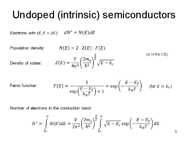 Undoped (intrinsic) semiconductors (e- in the CB) 3 