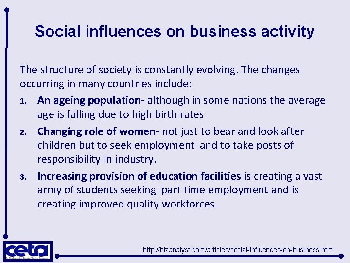 Social influences on business activity The structure of society is constantly evolving. The changes