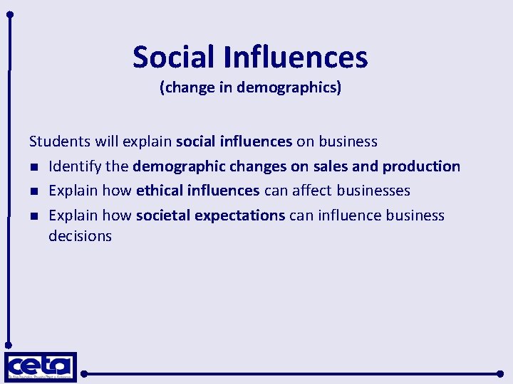 Social Influences (change in demographics) Students will explain social influences on business n Identify