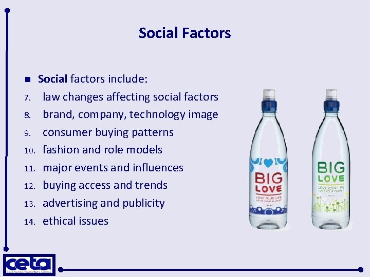Social Factors Social factors include: 7. law changes affecting social factors 8. brand, company,