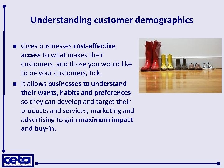 Understanding customer demographics n n Gives businesses cost-effective access to what makes their customers,