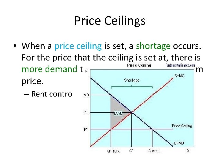 Price Ceilings • When a price ceiling is set, a shortage occurs. For the