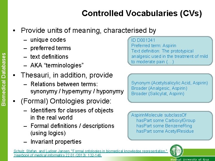 Controlled Vocabularies (CVs) Biomedical Databases • Provide units of meaning, characterised by – –