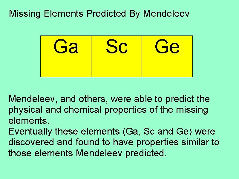 Missing Elements Predicted By Mendeleev Ga Sc Ge Mendeleev, and others, were able to