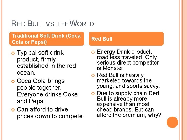 RED BULL VS THE WORLD Traditional Soft Drink (Coca Cola or Pepsi) Typical soft