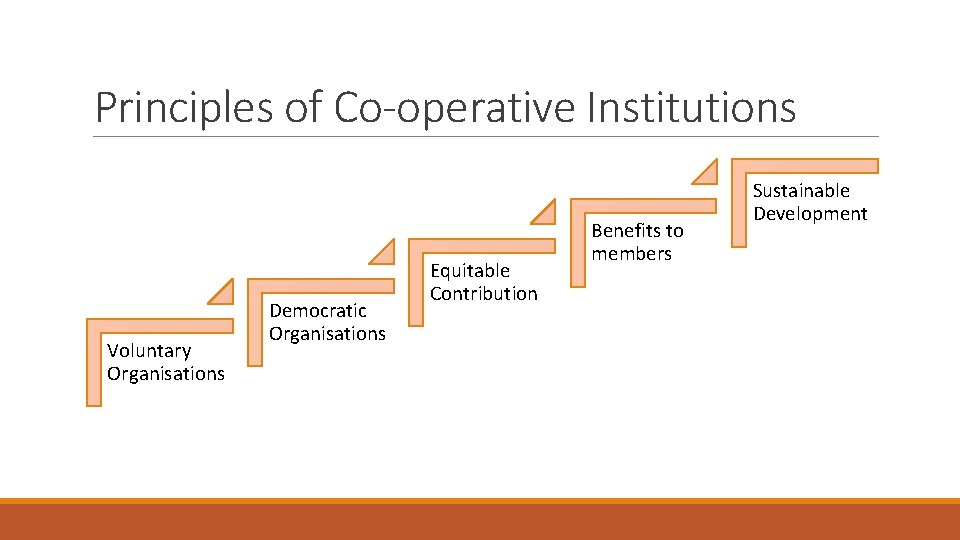 Principles of Co-operative Institutions Voluntary Organisations Democratic Organisations Equitable Contribution Benefits to members Sustainable