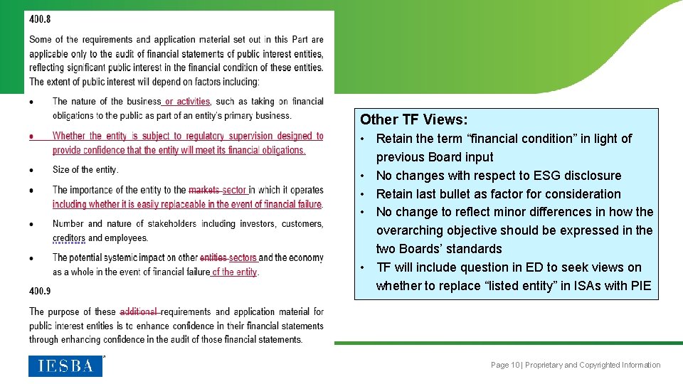 Other TF Views: • Retain the term “financial condition” in light of previous Board