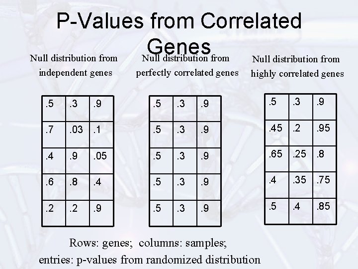 P-Values from Correlated Genes Null distribution from independent genes perfectly correlated genes highly correlated