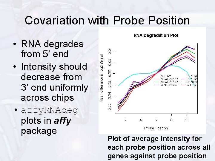Covariation with Probe Position • RNA degrades from 5’ end • Intensity should decrease