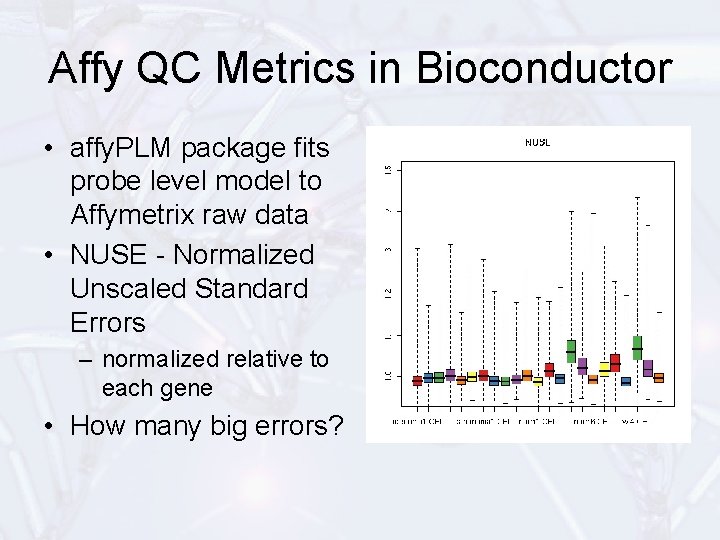 Affy QC Metrics in Bioconductor • affy. PLM package fits probe level model to