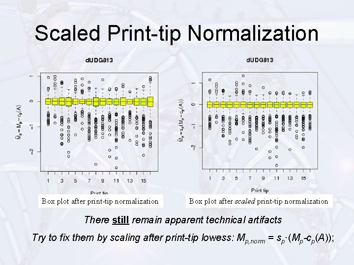 Scaled Print-tip Normalization Box plot after print-tip normalization Box plot after scaled print-tip normalization