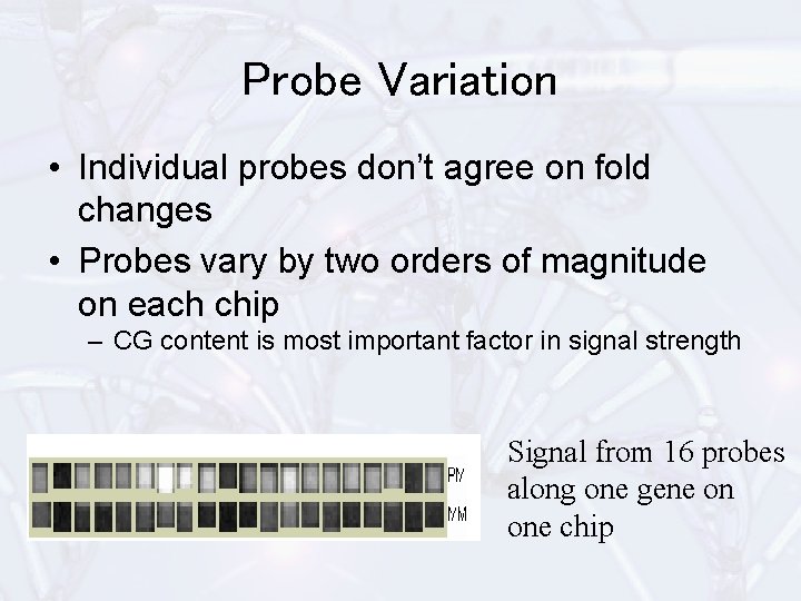 Probe Variation • Individual probes don’t agree on fold changes • Probes vary by