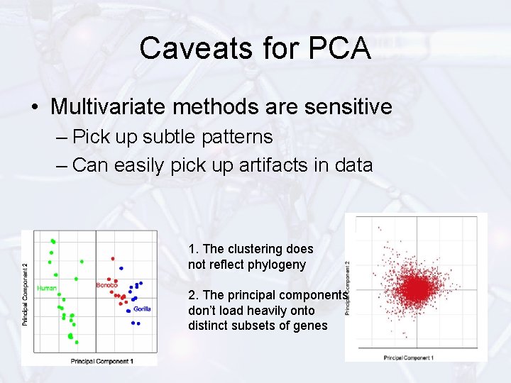 Caveats for PCA • Multivariate methods are sensitive – Pick up subtle patterns –