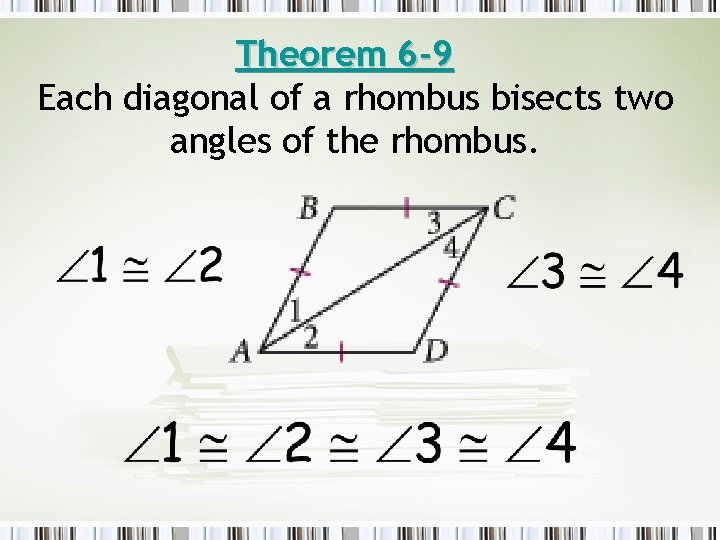 Theorem 6 -9 Each diagonal of a rhombus bisects two angles of the rhombus.