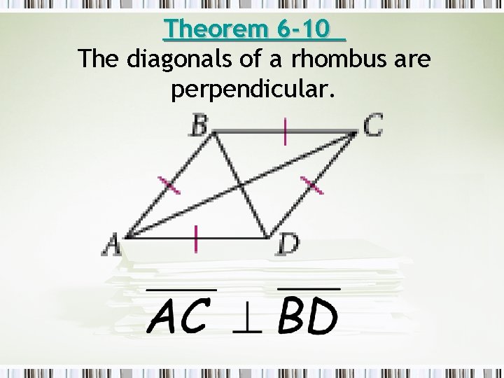 Theorem 6 -10 The diagonals of a rhombus are perpendicular. 