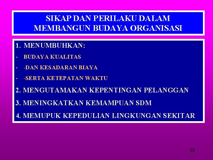 SIKAP DAN PERILAKU DALAM MEMBANGUN BUDAYA ORGANISASI 1. MENUMBUHKAN: - BUDAYA KUALITAS - -DAN