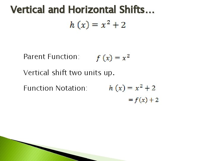 Vertical and Horizontal Shifts… Parent Function: Vertical shift two units up. Function Notation: 