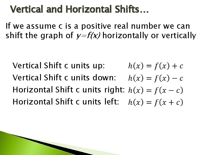 Vertical and Horizontal Shifts… If we assume c is a positive real number we