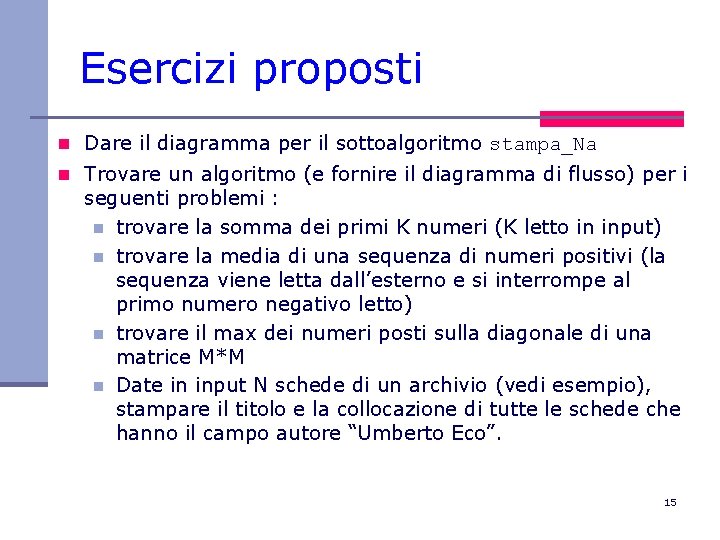 Esercizi proposti n Dare il diagramma per il sottoalgoritmo stampa_Na n Trovare un algoritmo