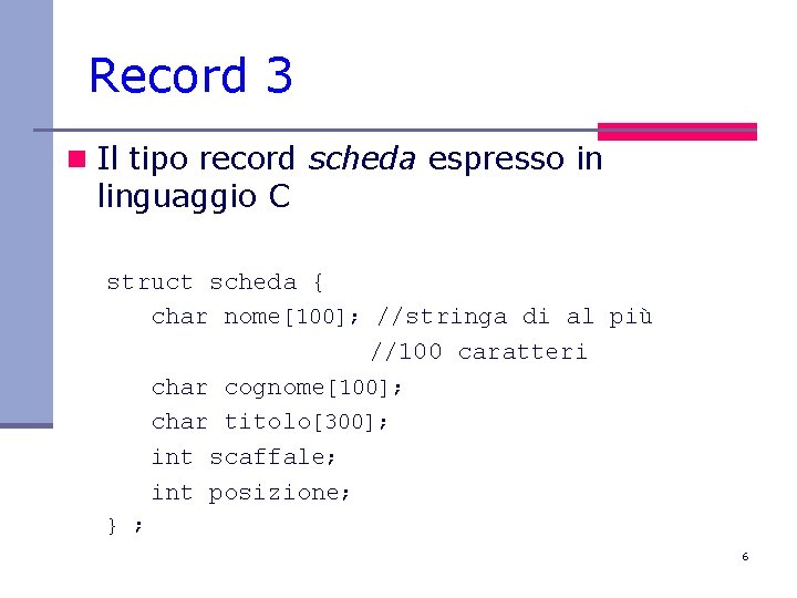 Record 3 n Il tipo record scheda espresso in linguaggio C struct scheda {