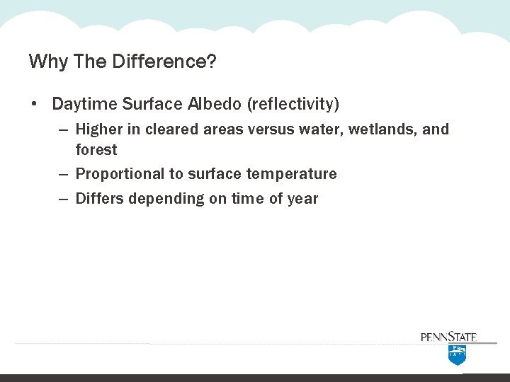 Why The Difference? • Daytime Surface Albedo (reflectivity) – Higher in cleared areas versus