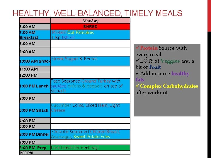 HEALTHY, WELL-BALANCED, TIMELY MEALS 6: 00 AM 7: 00 AM Breakfast Monday SHRED Protein