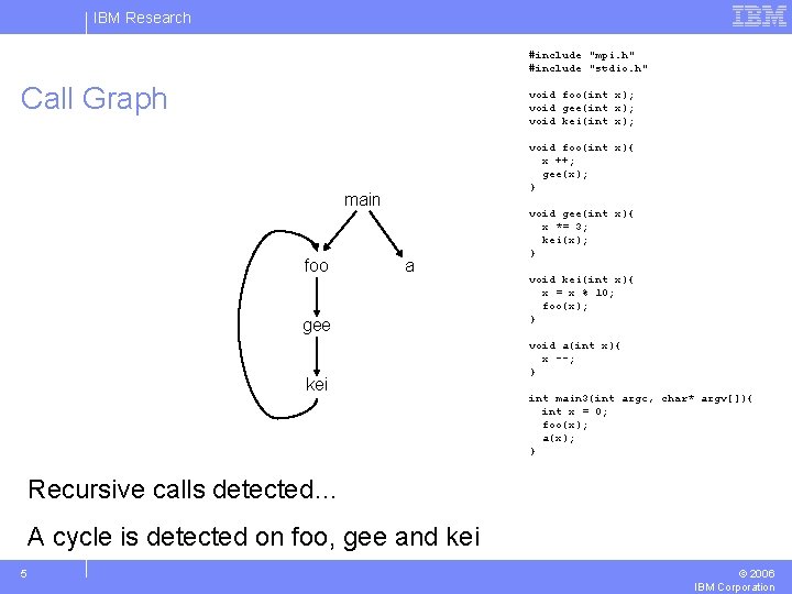 IBM Research #include "mpi. h" #include "stdio. h" Call Graph void foo(int x); void