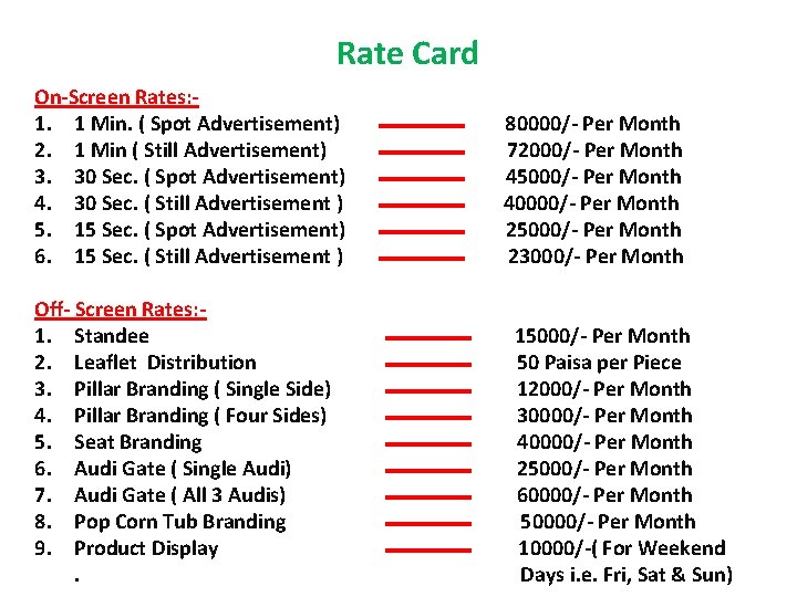 Rate Card On-Screen Rates: 1. 1 Min. ( Spot Advertisement) 2. 1 Min (