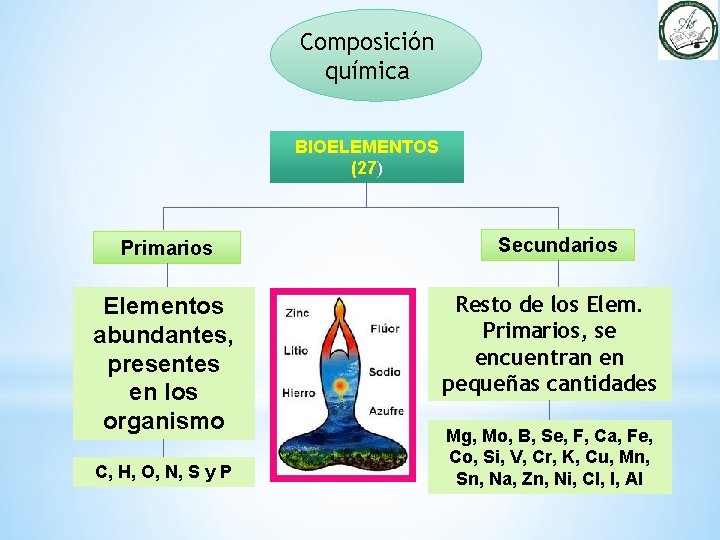 Composición química BIOELEMENTOS (27) Primarios Elementos abundantes, presentes en los organismo C, H, O,