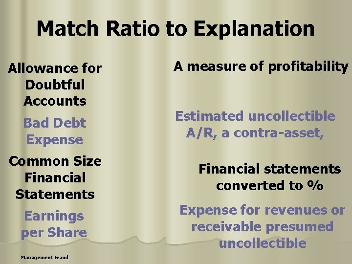 Match Ratio to Explanation Allowance for Doubtful Accounts Bad Debt Expense Common Size Financial