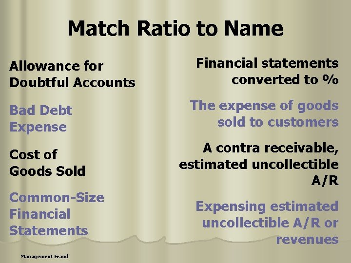 Match Ratio to Name Allowance for Doubtful Accounts Bad Debt Expense Cost of Goods