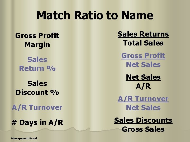 Match Ratio to Name Gross Profit Margin Sales Return % Sales Discount % A/R