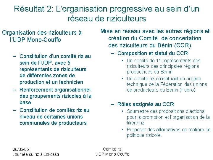 Résultat 2: L’organisation progressive au sein d’un réseau de riziculteurs Organisation des riziculteurs à