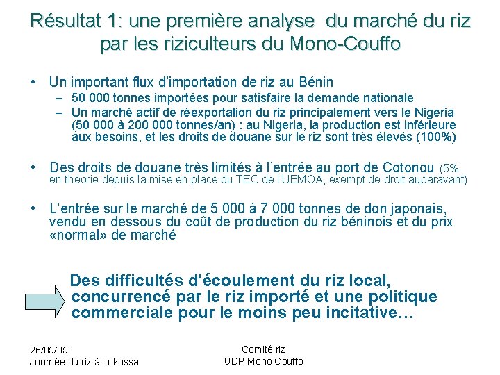 Résultat 1: une première analyse du marché du riz par les riziculteurs du Mono-Couffo