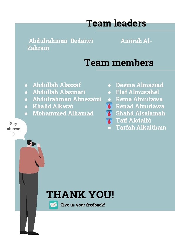 Team leaders Abdulrahman Bedaiwi Zahrani Amirah Al- Team members ● ● ● Abdullah Alassaf