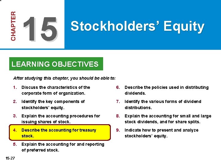 15 Stockholders’ Equity LEARNING OBJECTIVES After studying this chapter, you should be able to: