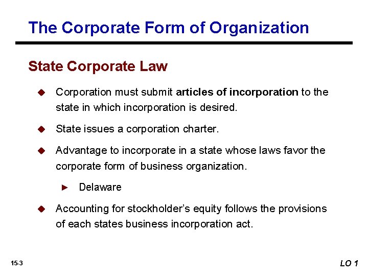 The Corporate Form of Organization State Corporate Law u Corporation must submit articles of